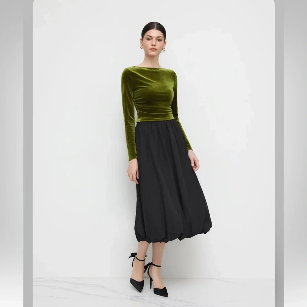 Cider VELVET BOAT NECK SOLID RUCHED LONG SLEEVE CROP TOP UY10-16 M - Picture 3 of 7